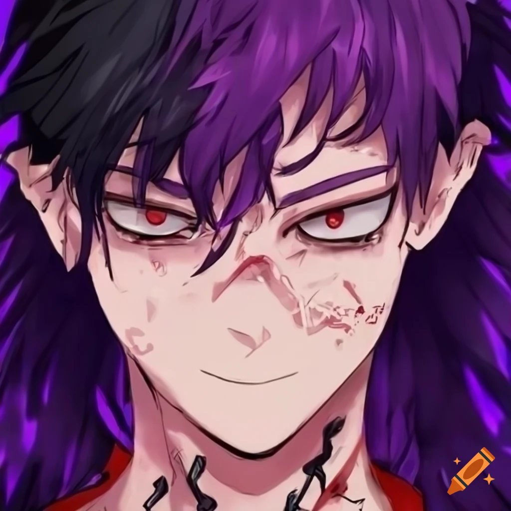 digital art of a male anime character with purple hair and scars