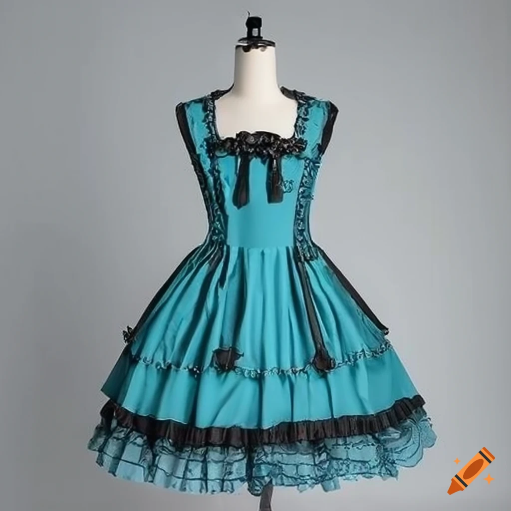 cyan goth lolita dress on display
