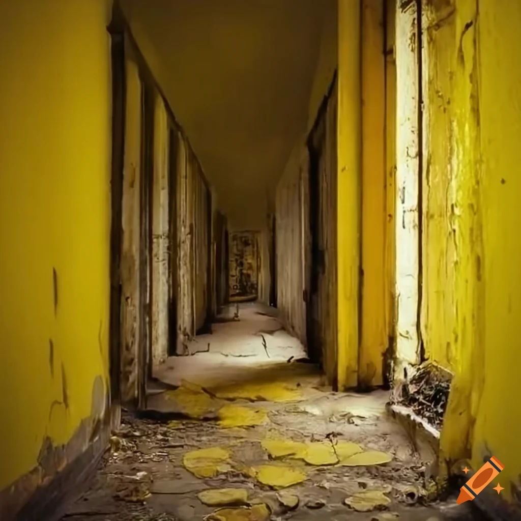 yellow hallway with decaying walls