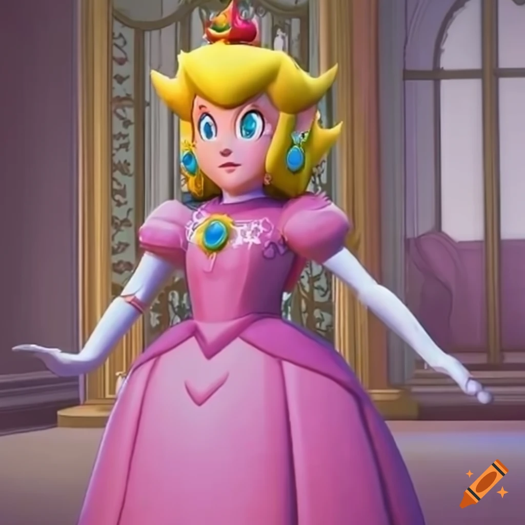 princess Peach wearing a ballgown descending a grand staircase