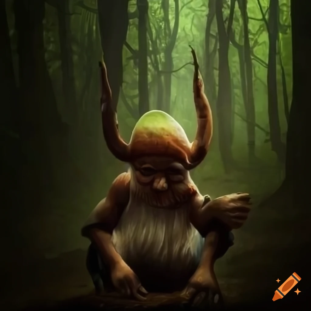 serious gnome in a dark forest