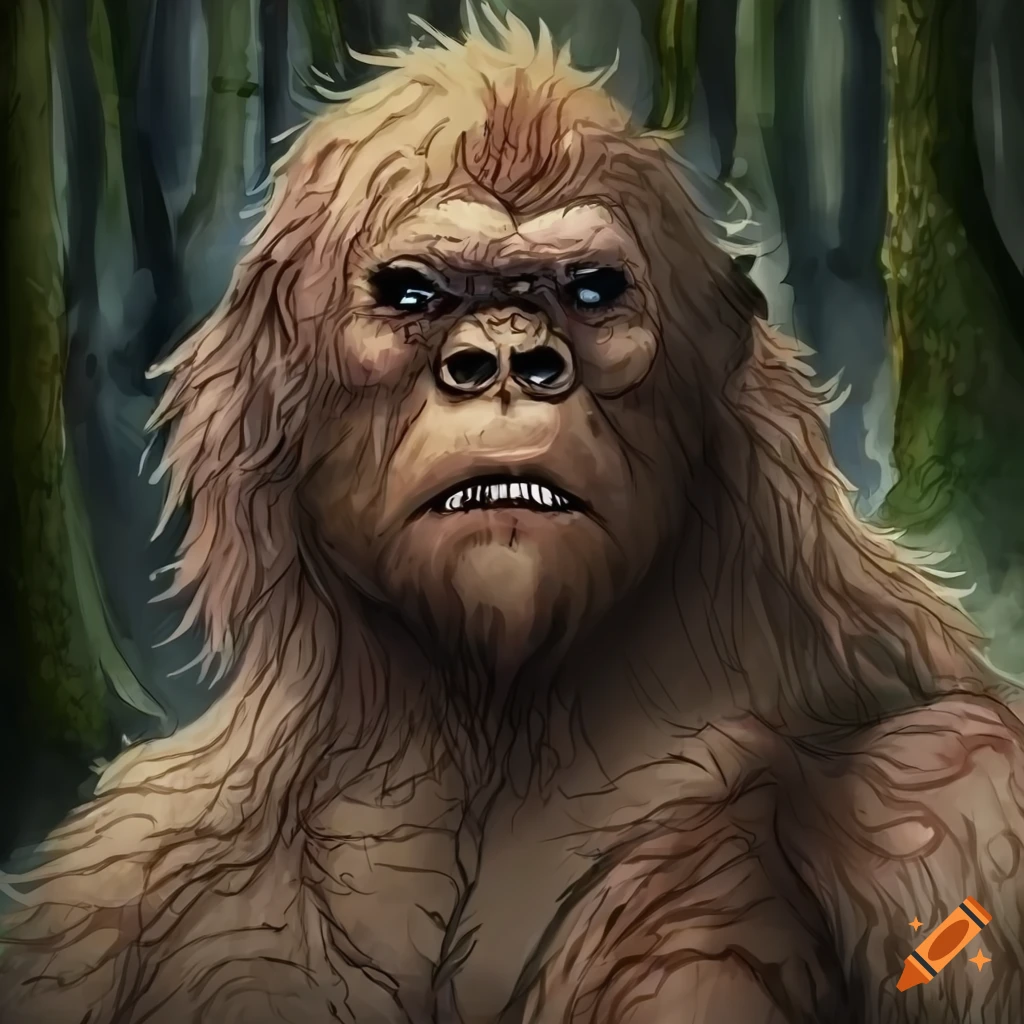 colorless aquarel of a heroic fantasy bigfoot in the forest