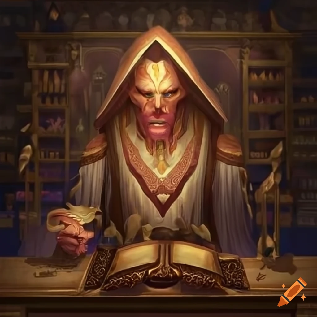 mage in a store surrounded by scrolls