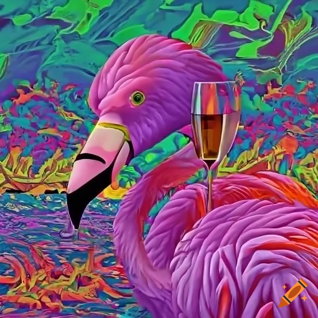 psychedelic pool party with rosé wine and pink flamingo