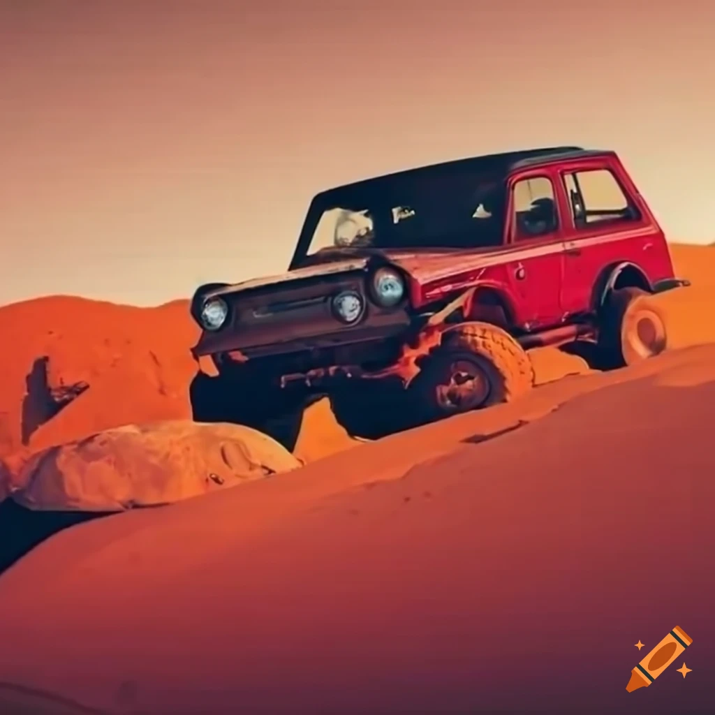 red vintage off-roading car rock scrambling