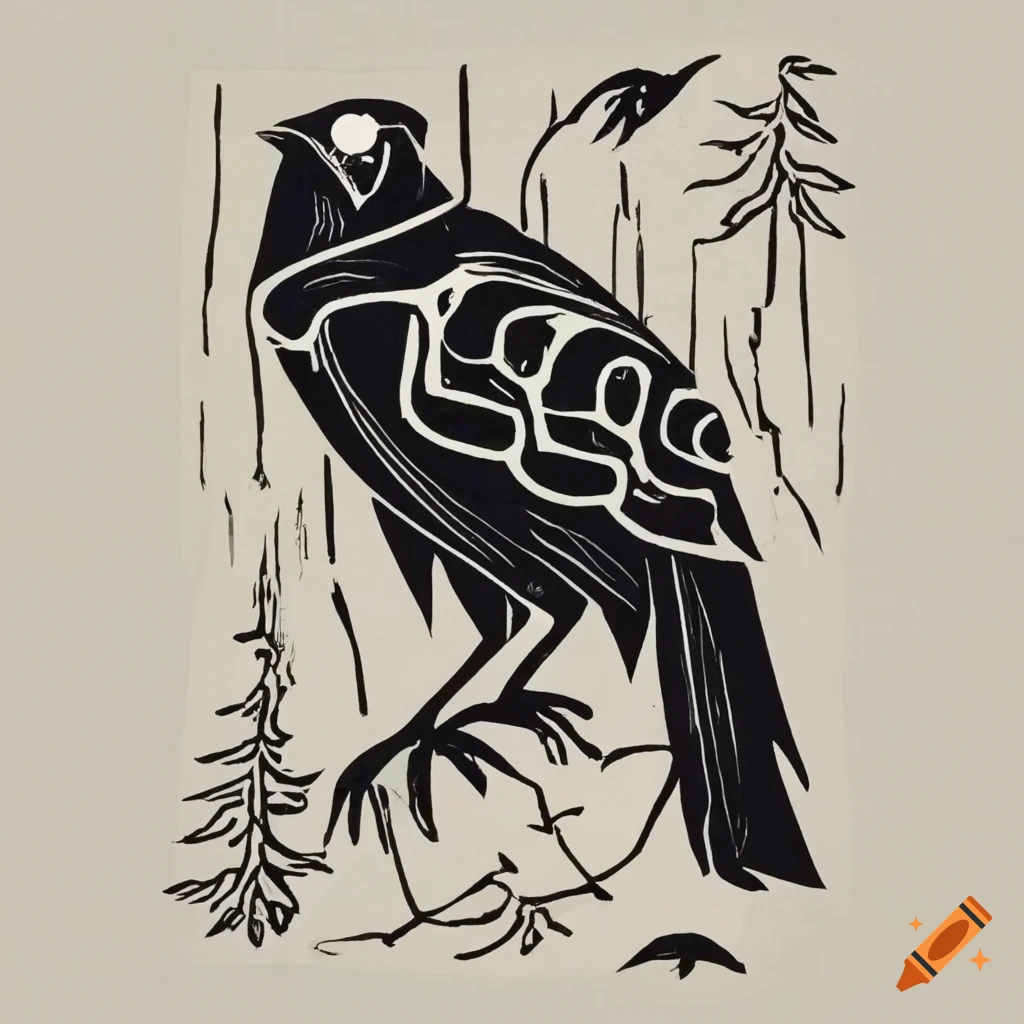 color woodblock print of a raven in a snowy forest
