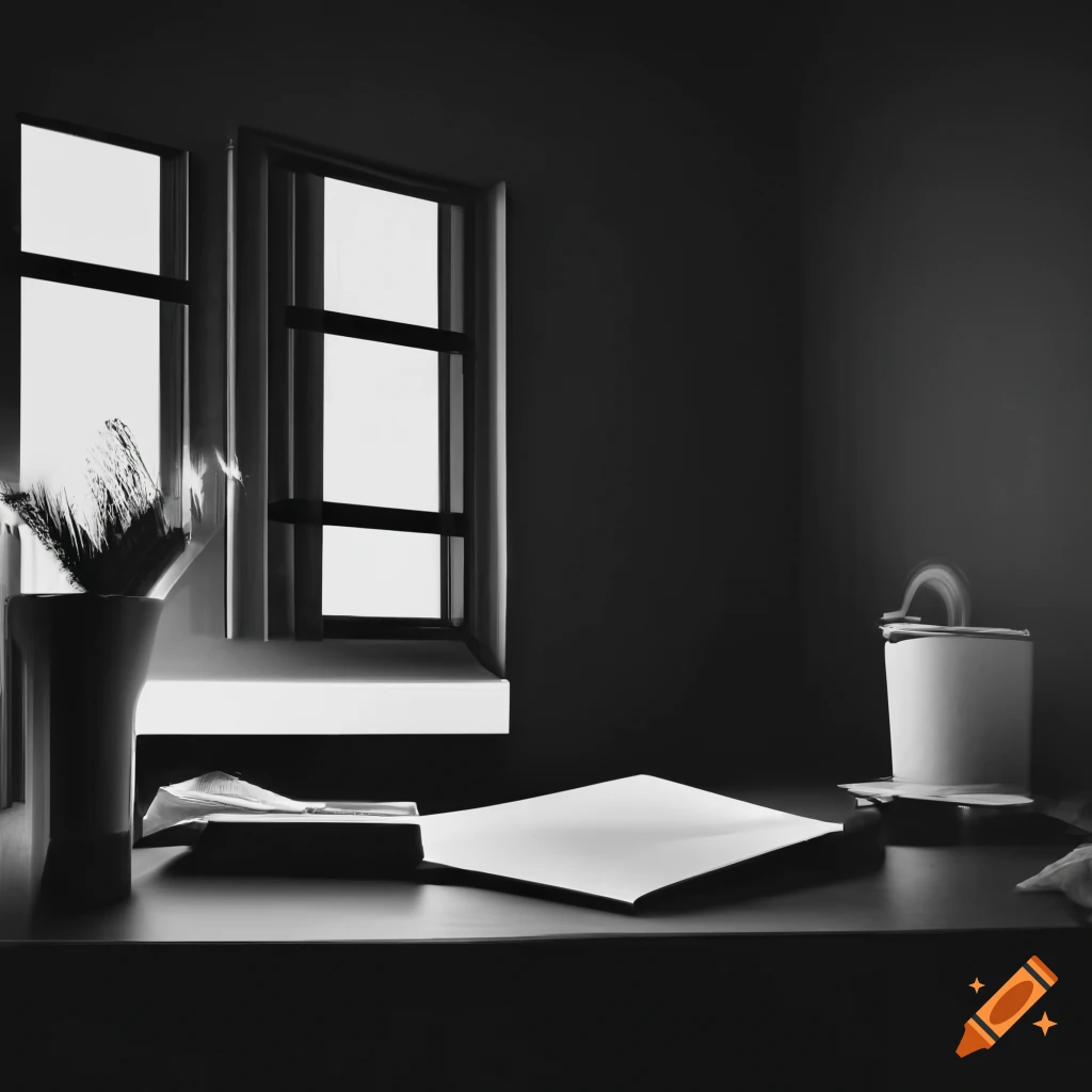 black and white image of a cluttered desk in a dark room