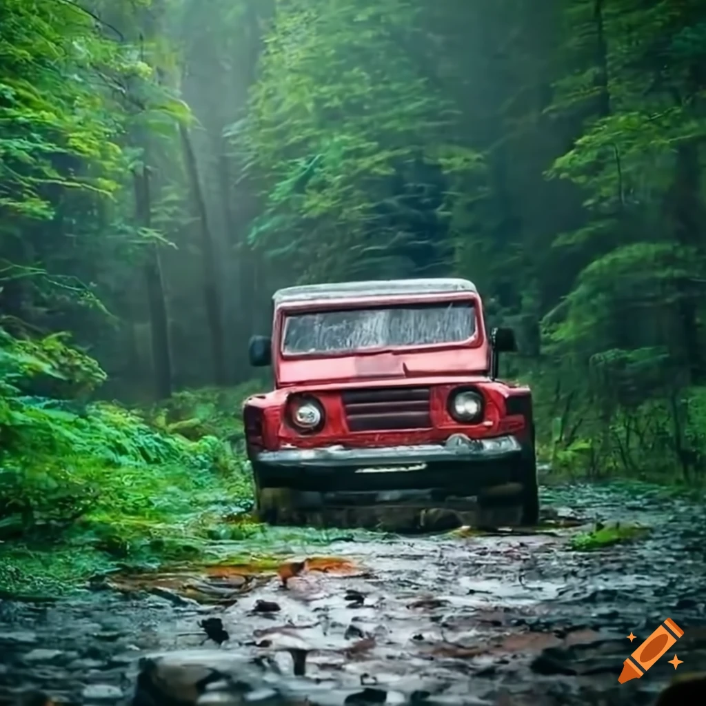vintage off-roading car in a rainy forest