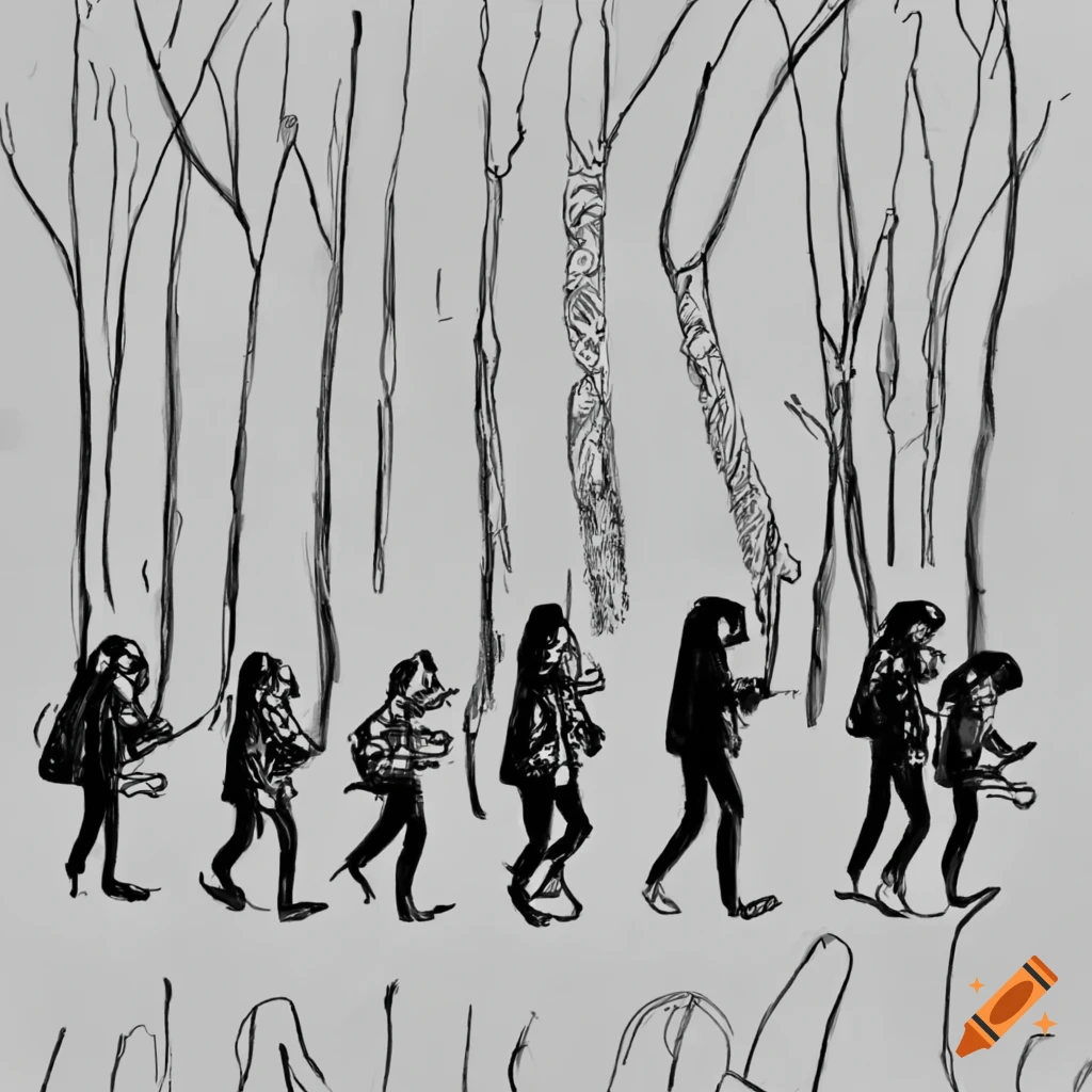 colorful crayon drawing of a hiking rally in the forest