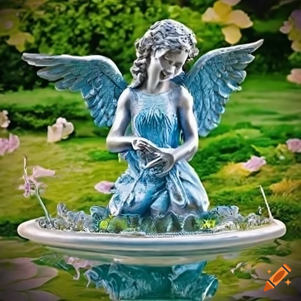 silver angel fountain statue spreading wings