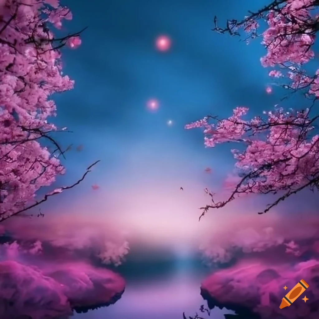 magical sakura landscape with mist and lights