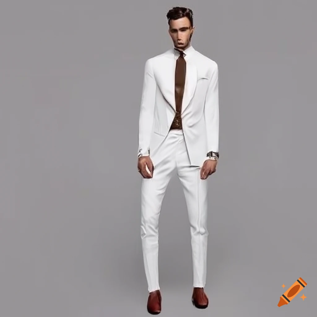 image of a men's formal suit with long white jacket and light brown pants