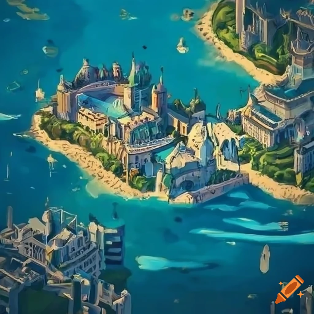 Aerial view of a solarpunk-inspired coastal city on Craiyon