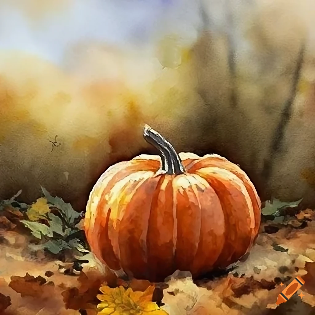 vivid painting of a pumpkin in an autumn landscape