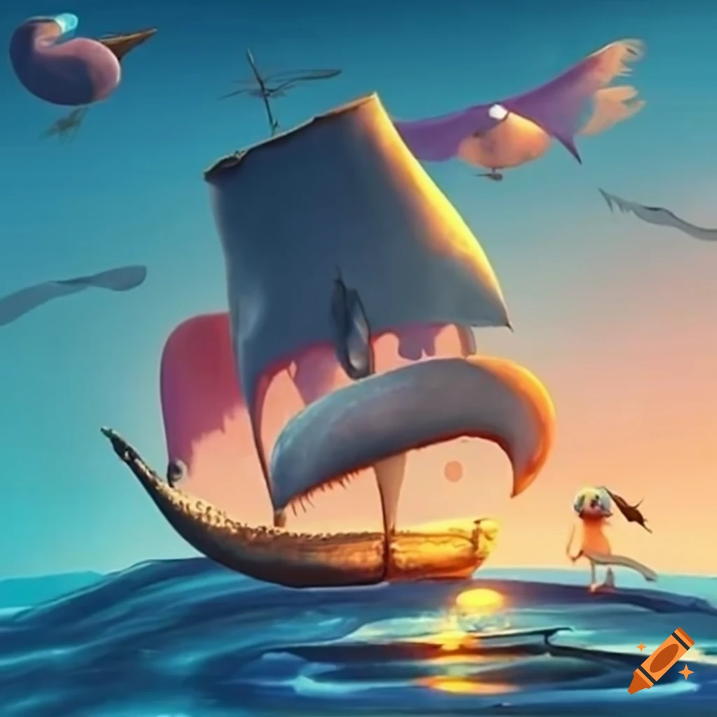painting of a whale and a child on it during a colorful sunset