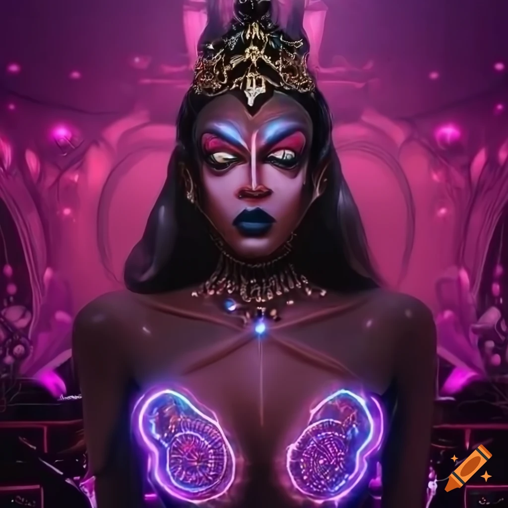 hyperrealistic makeup of a black drag queen dressed as an arcade machine