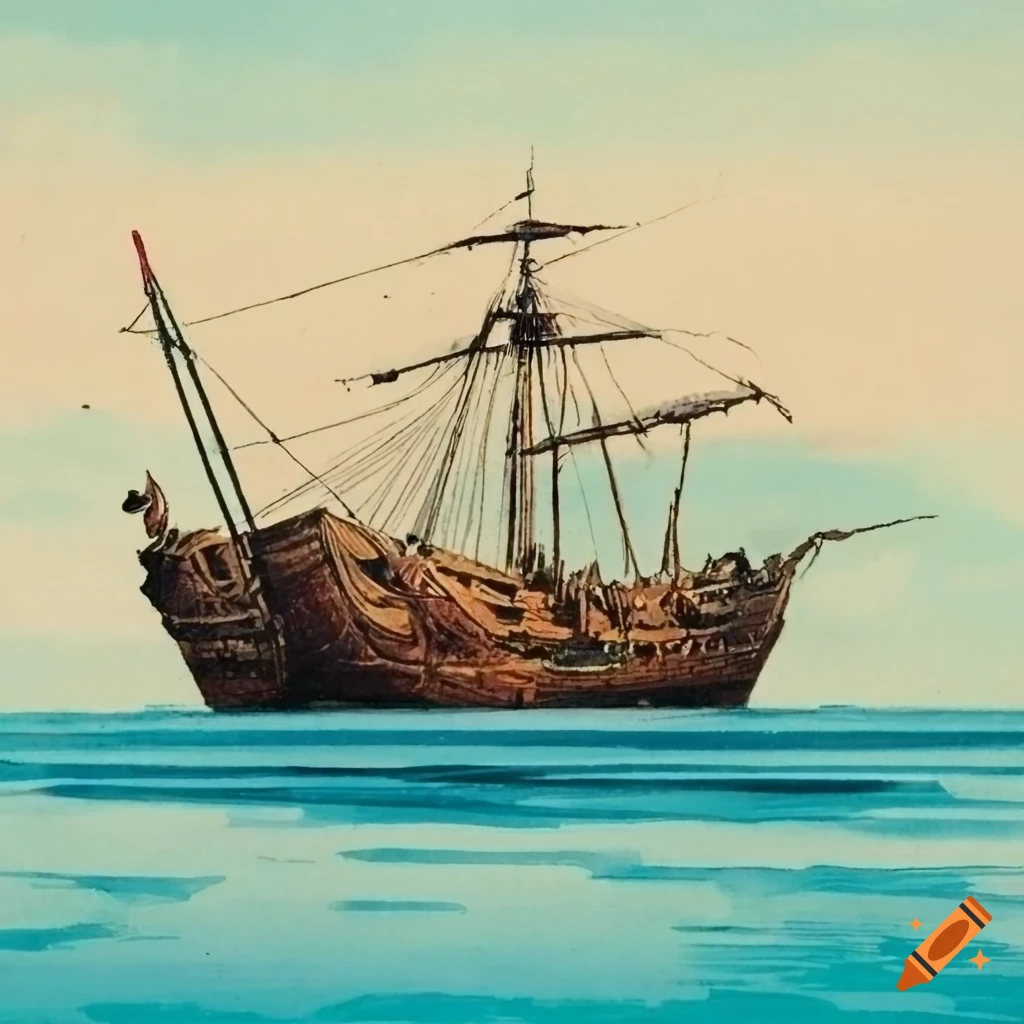 color lithograph of a shipwreck near a tropical island