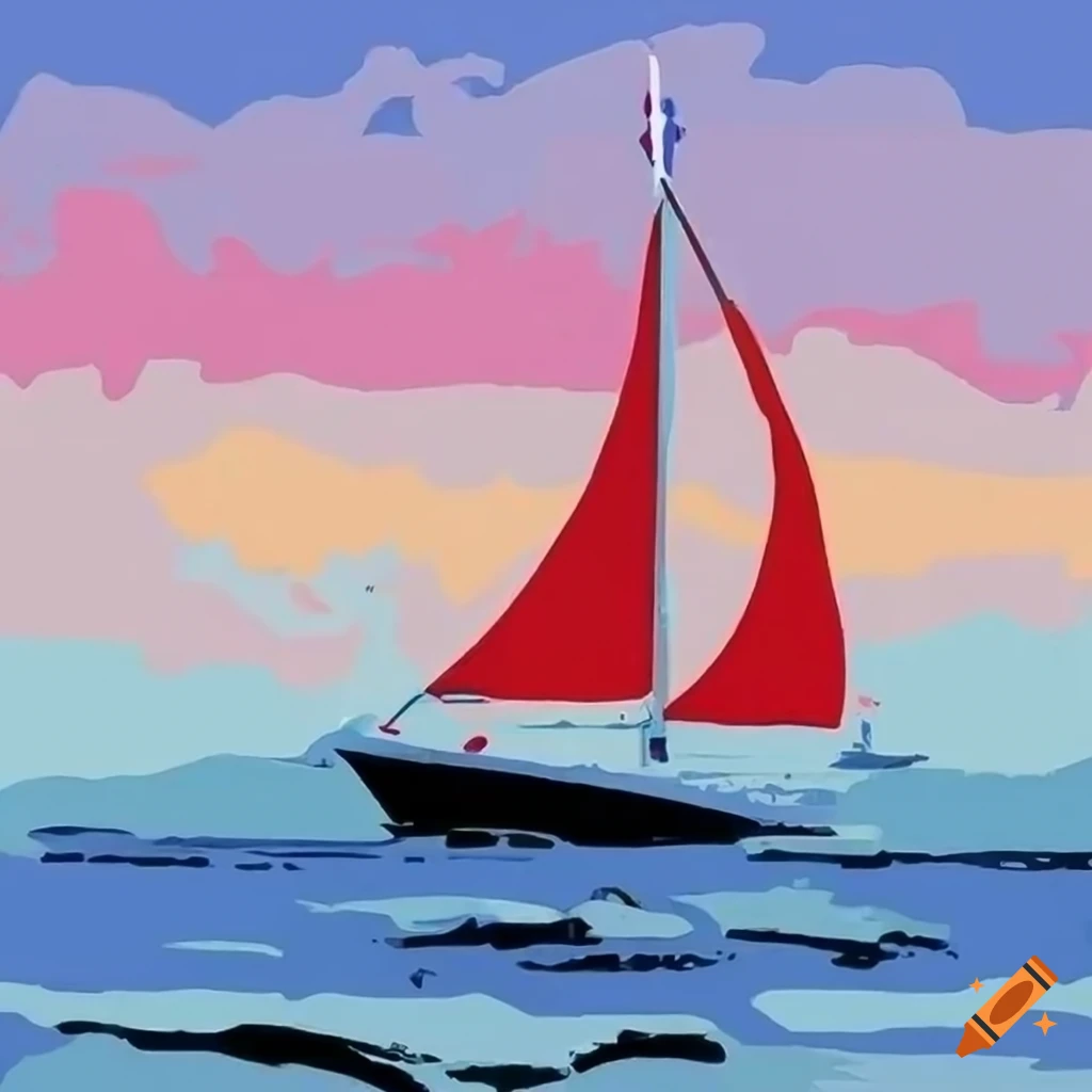 minimalist painting of a sailboat with two red sails