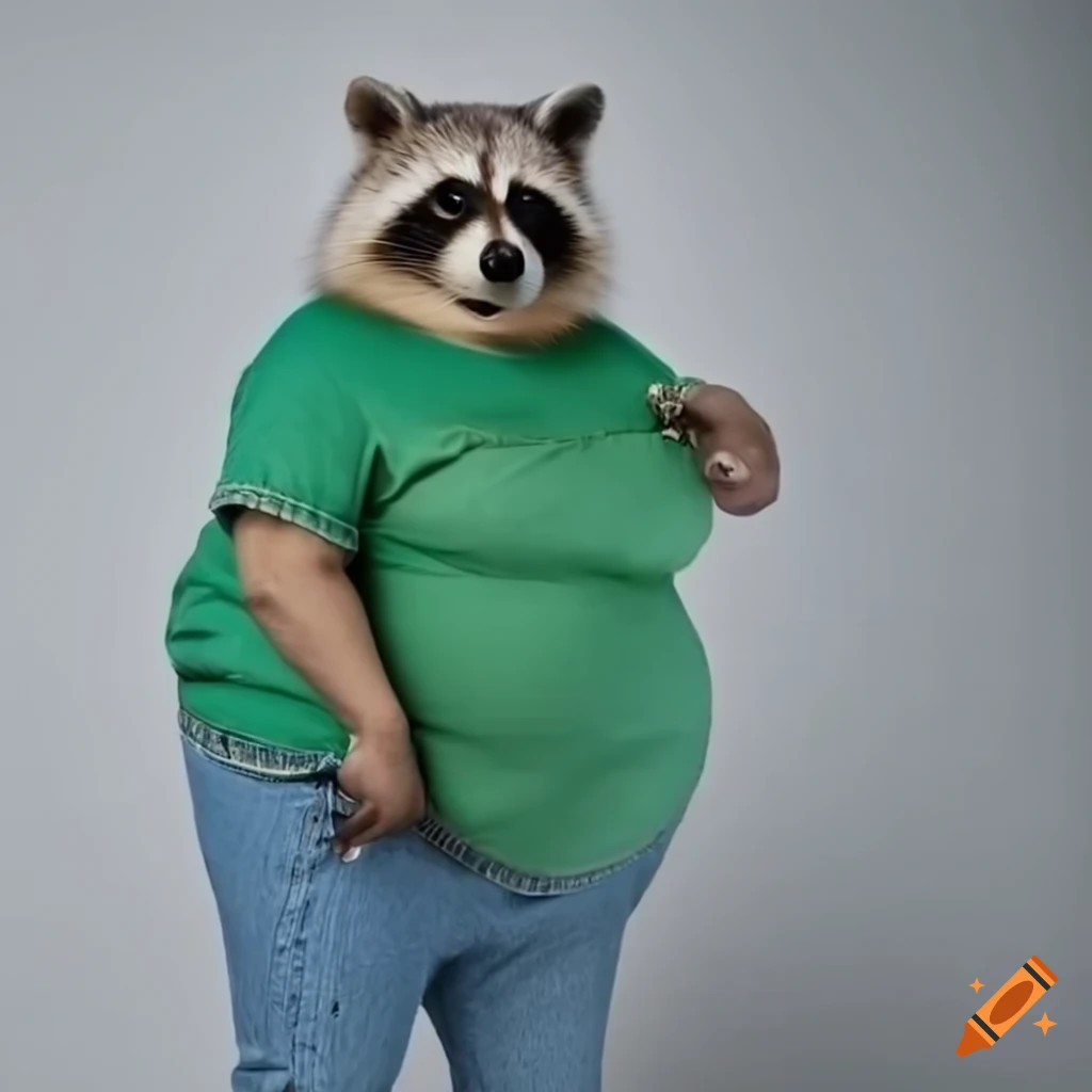cartoon raccoon wearing t-shirt and pants