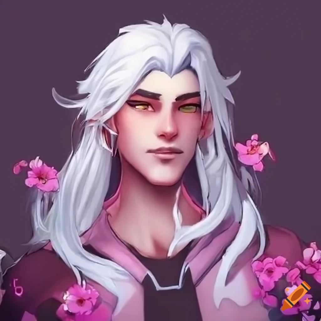 male support character with long white hair and pink flowers