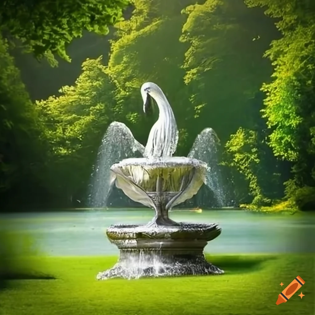statue of a silver peacock swan spreading wings on a fountain in a garden