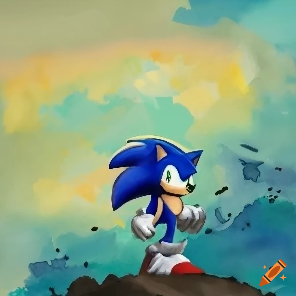 watercolor painting of Sonic overlooking a destroyed city