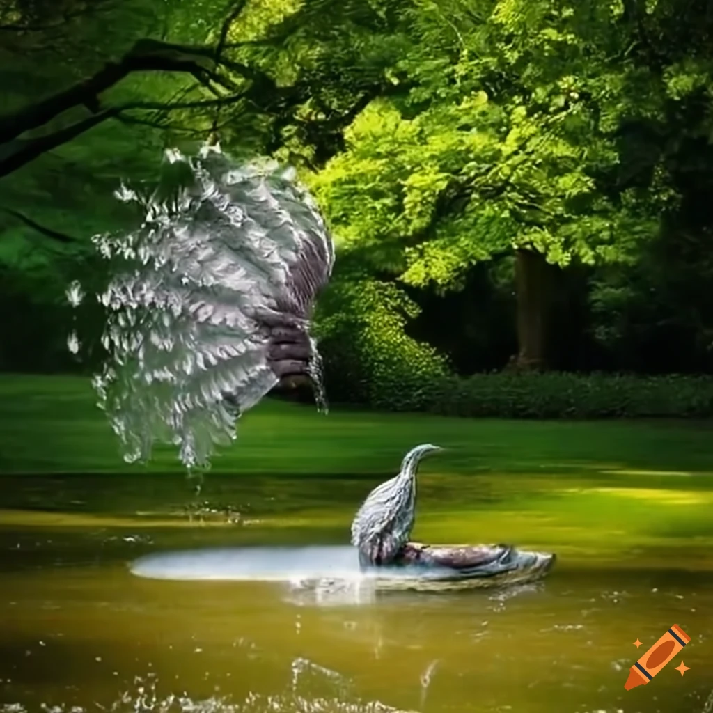 silver peacock statue spreading wings in a meadow garden