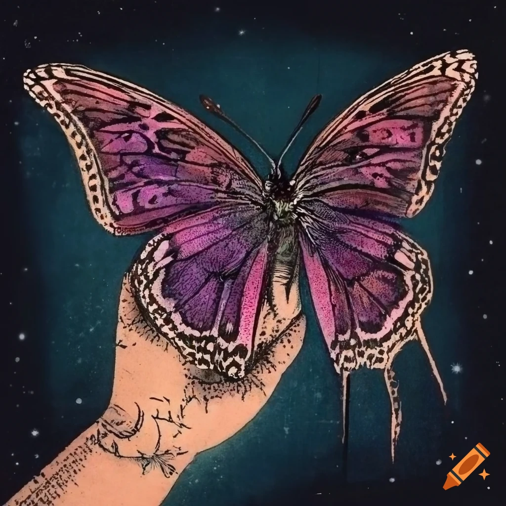 color engraving of a butterfly on a hand under a starry night
