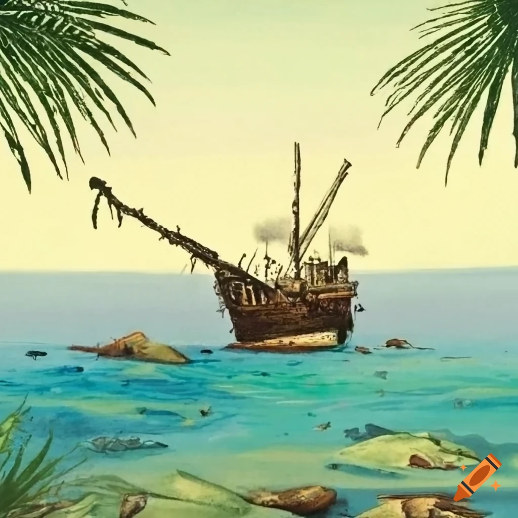 color lithograph of a shipwreck near a tropical island
