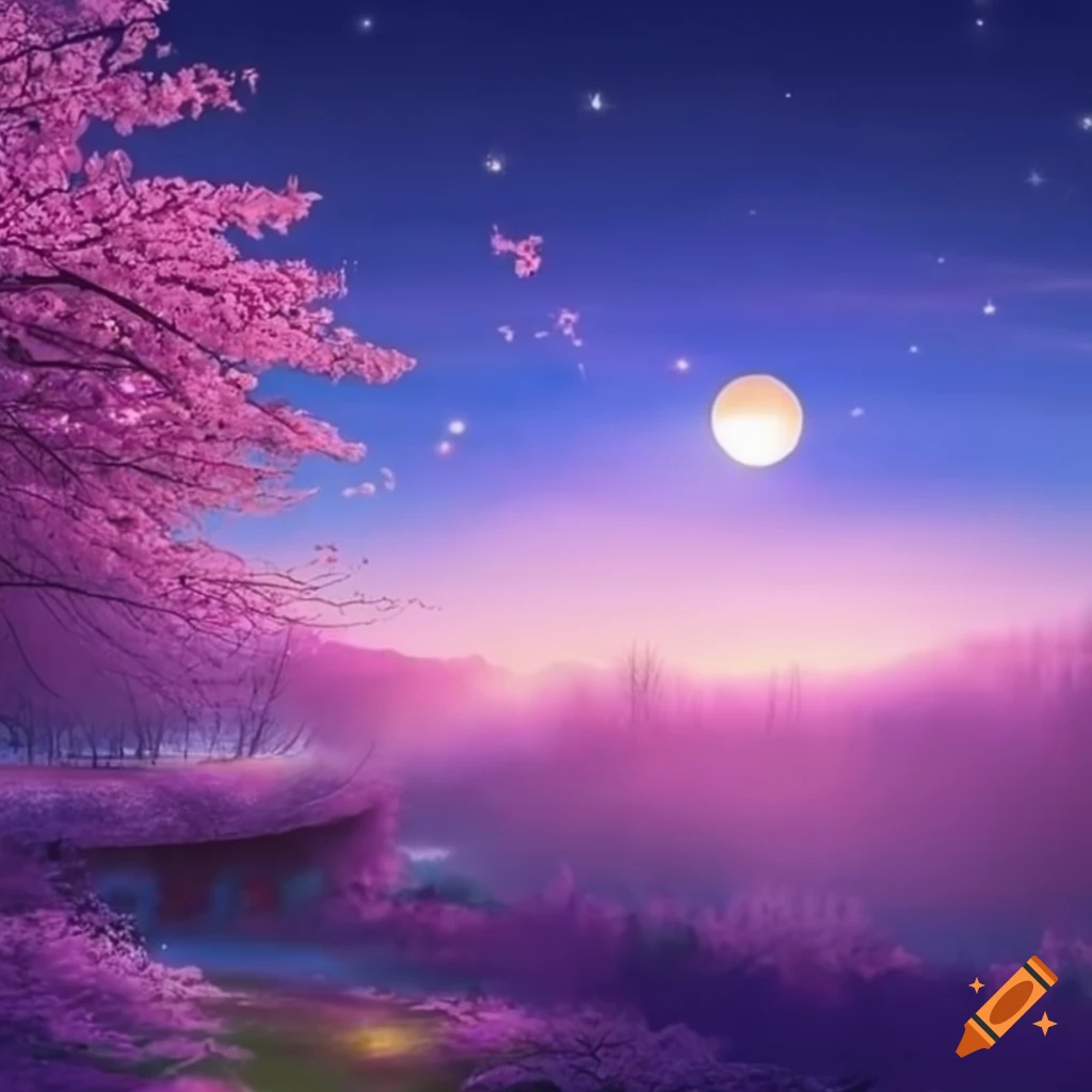 magical sakura landscape with mist and lights
