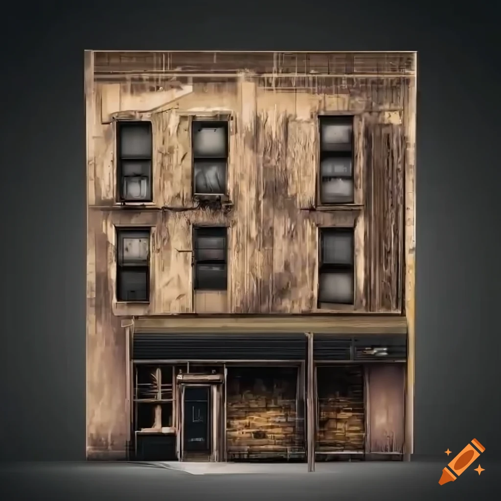 detailed depiction of a weathered storefront facade in an urban environment