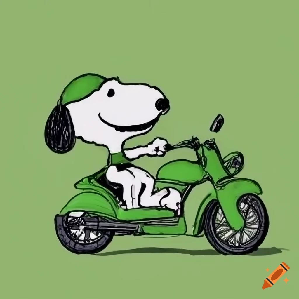 drawing of Snoopy riding a green motorbike