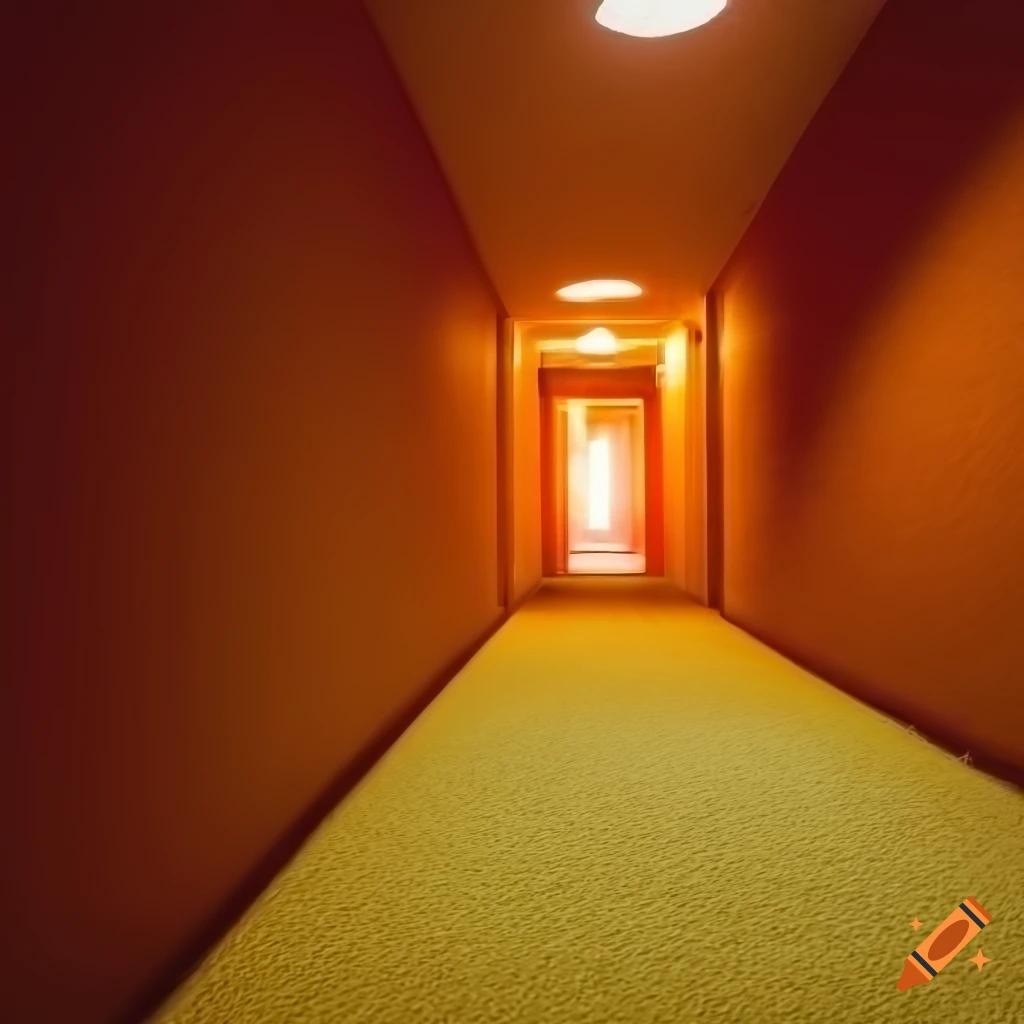 colorful hallway with orange walls and yellow carpet