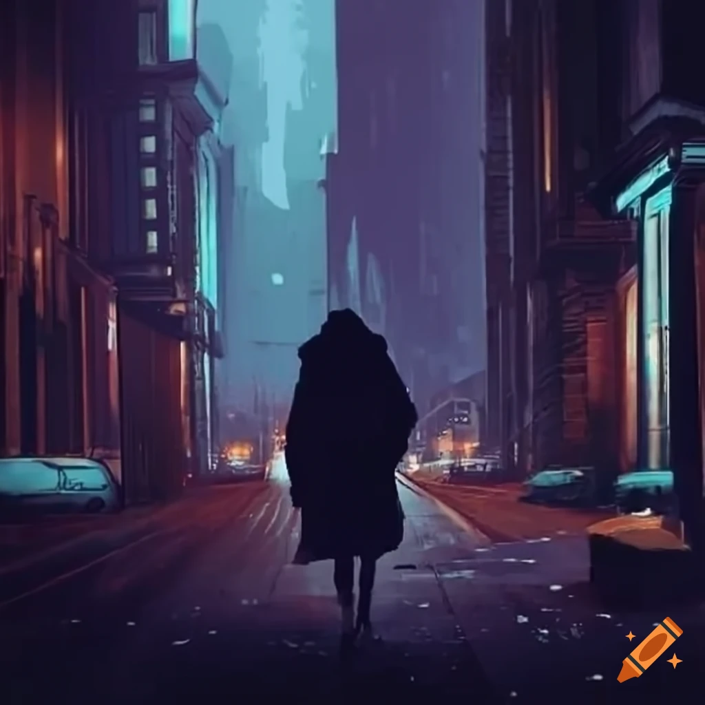 epic night scene with a person walking through the streets