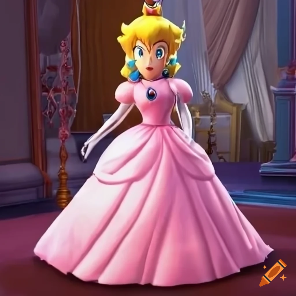 Princess Peach in a beautiful ballgown coming down a grand staircase
