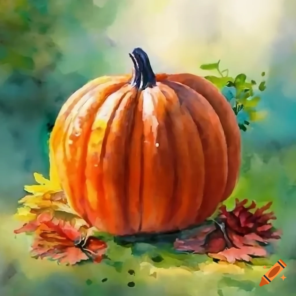 vibrant painting of a pumpkin in an autumn landscape