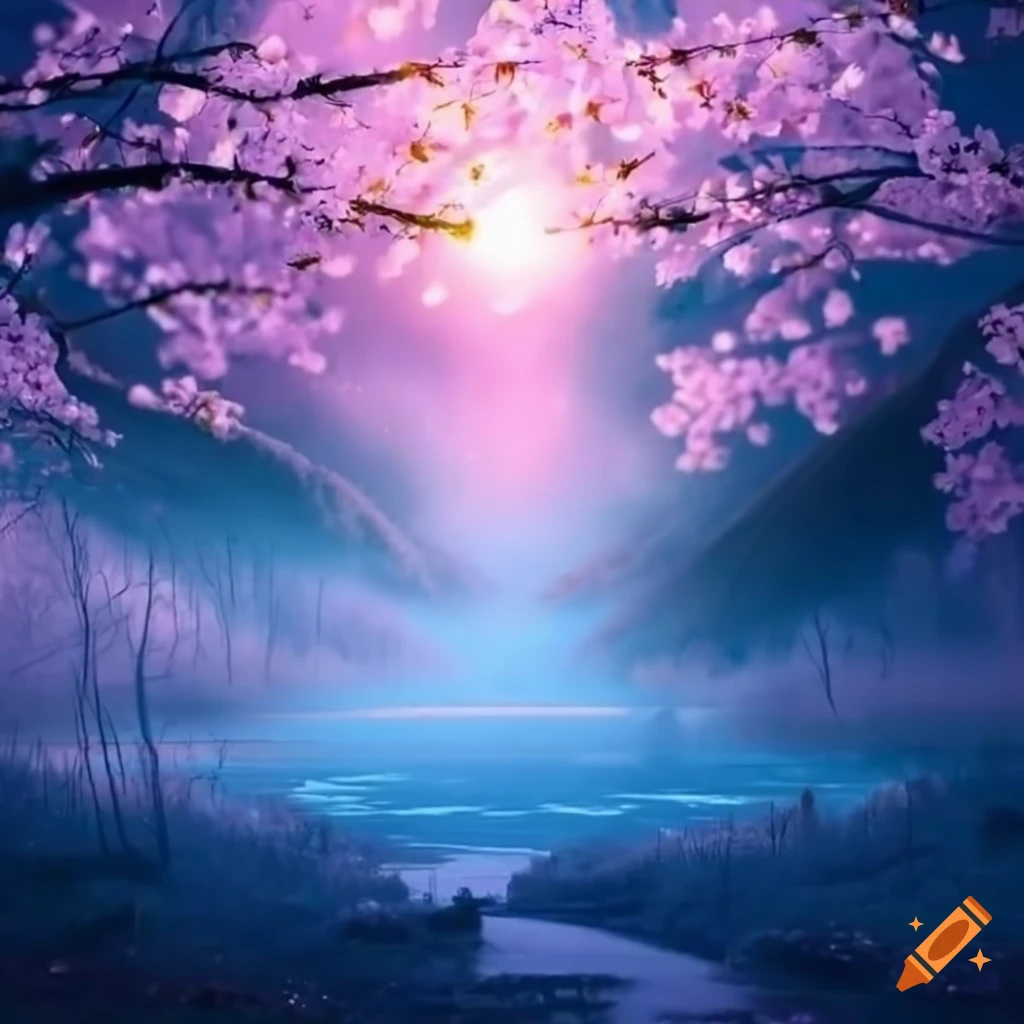 magical sakura landscape with mist and lights