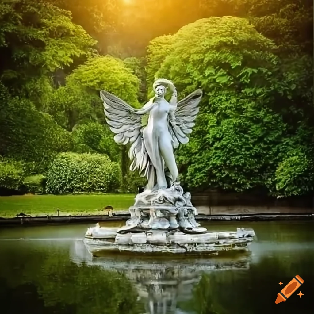 silver angel statue in a rococo garden