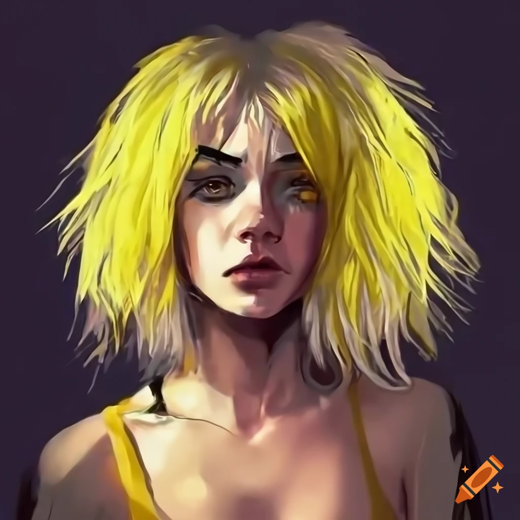 cyberpunk woman in gold leggings and yellow crop top on the subway