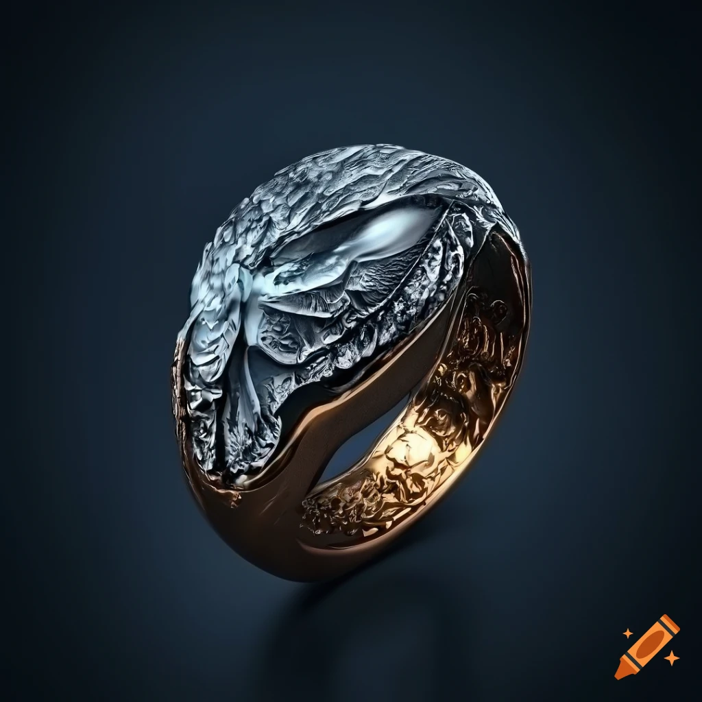 photorealistic icy bronze ring with raven insignia