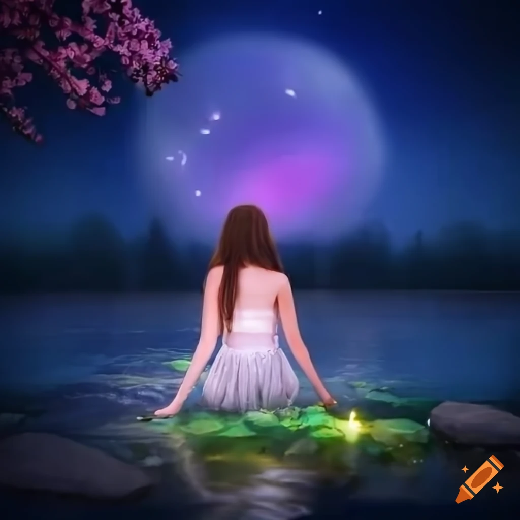 magical sakura pond with a woman sitting by it