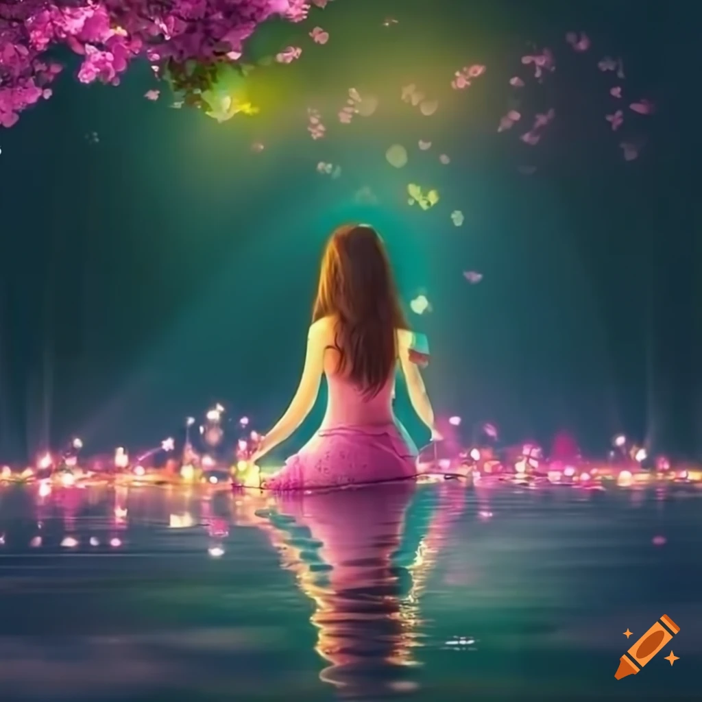 magical sakura pond with a woman sitting by it