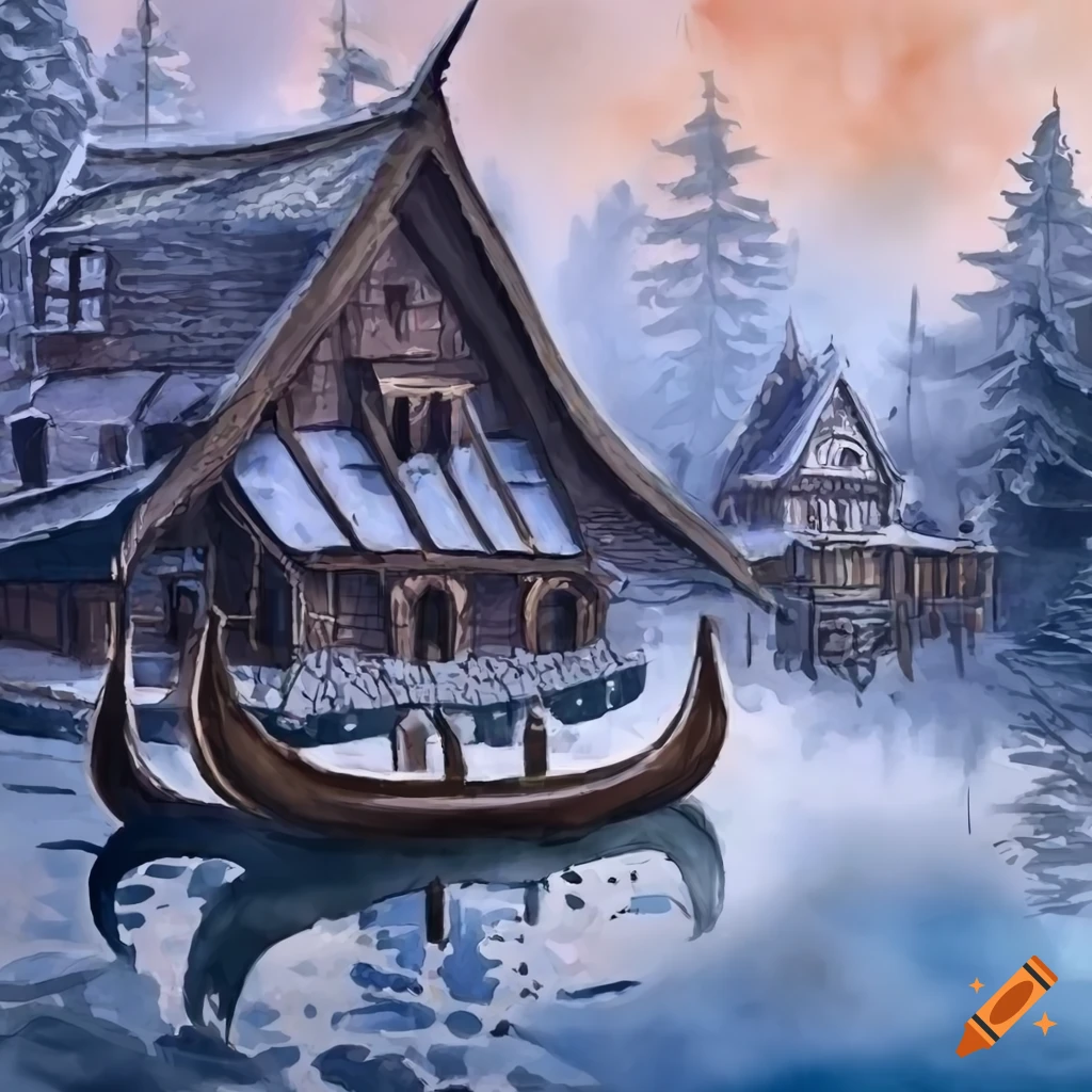 colorless aquarel of a viking harbor in a winter forest