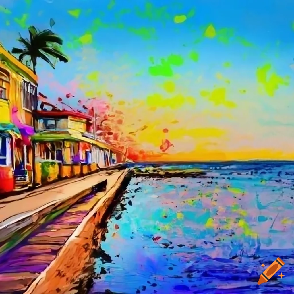 watercolor painting of Lahaina town seawall