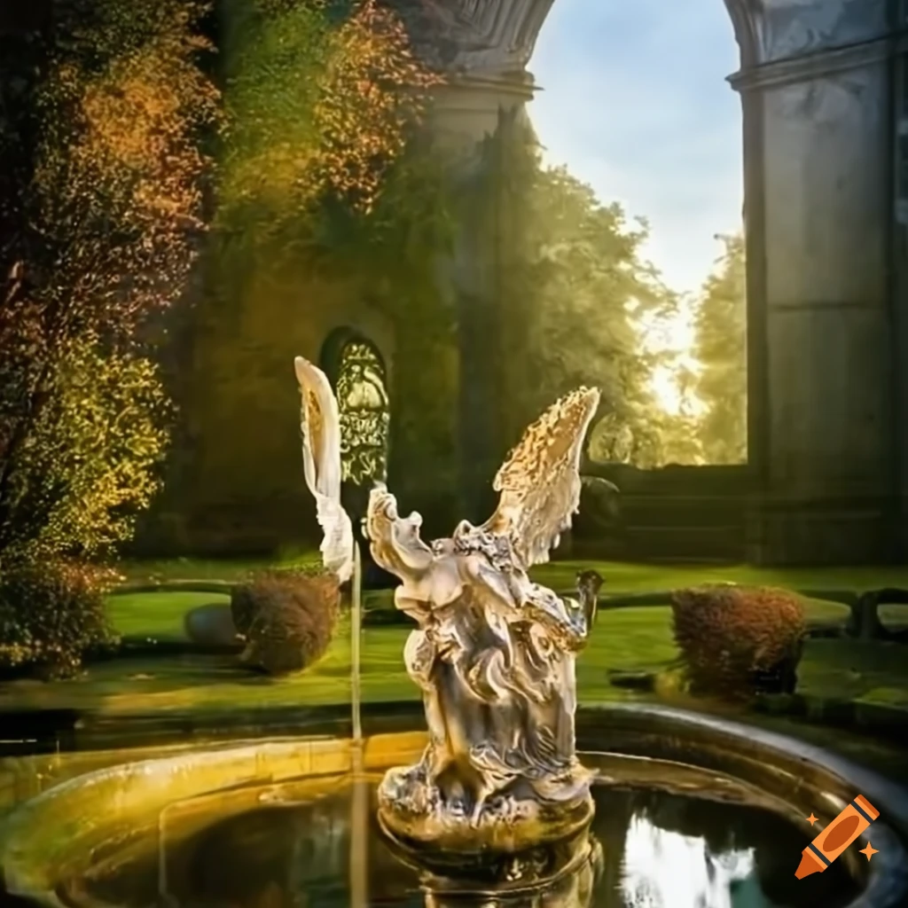 silver angel statue in a rococo garden