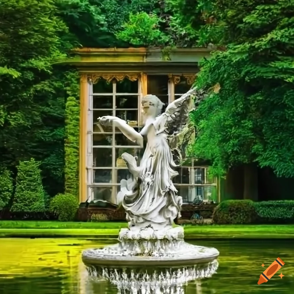silver angel statue in a rococo garden