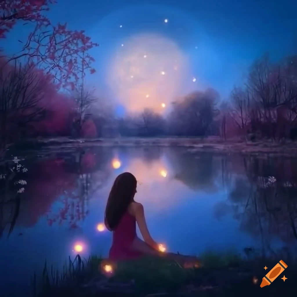 sakura pond with magical lights in a bright day