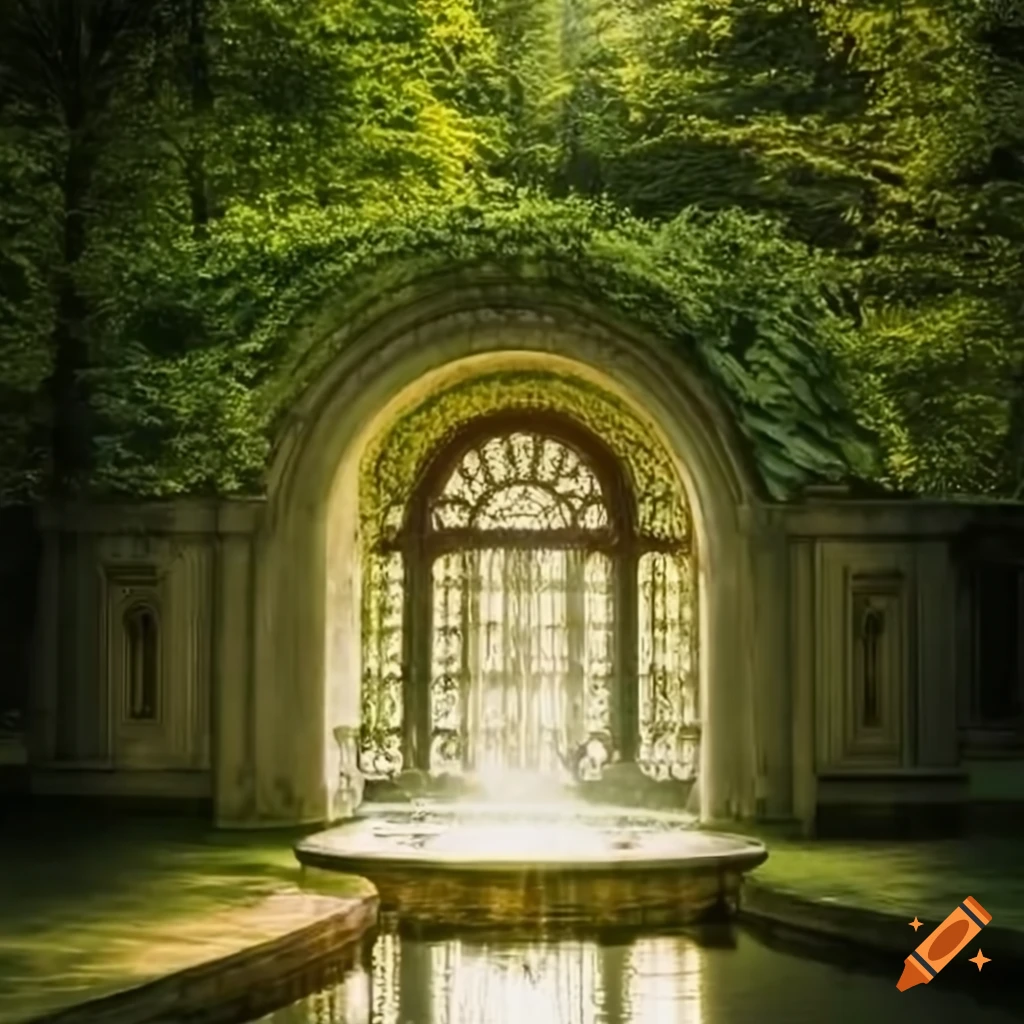 silver wings on a fountain in a rococo garden