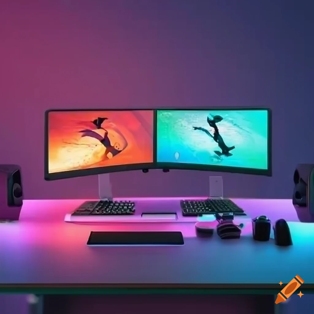 colorful and organized desk with gaming peripherals