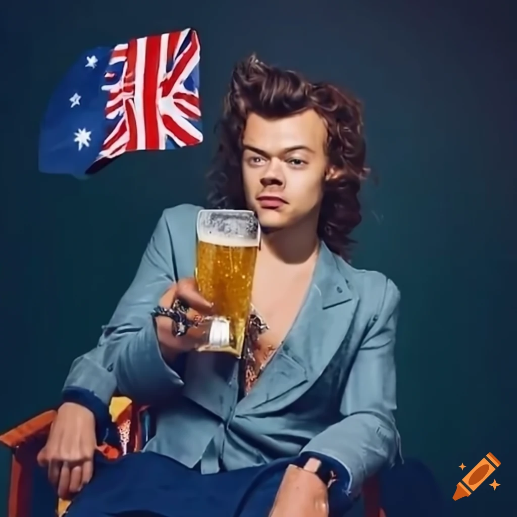 Harry Styles with a mullet and holding a beer